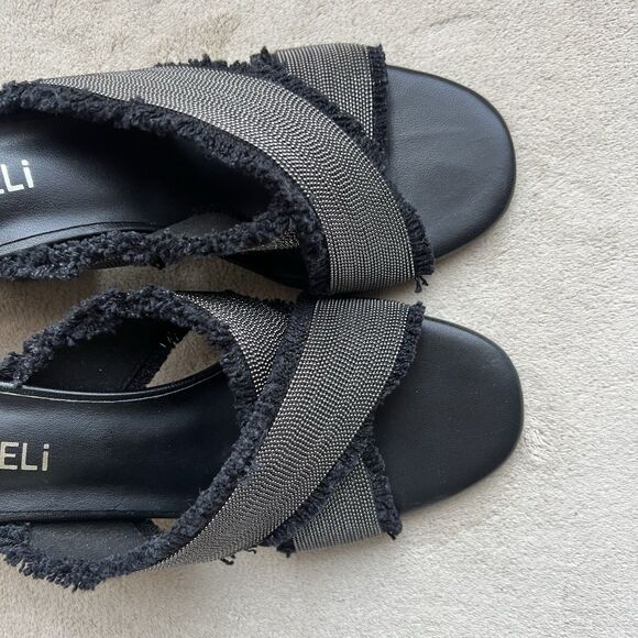 VANELi Baret Black Fringed Canvas Silver Small Studs Block Heel Sandal Women 6.5 - Picture 7 of 16